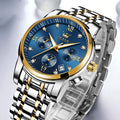 Marca de luxo relógios masculinos cronógrafo aço inoxidável à prova dwaterproof água relógios quartzo homem data relógio mostrador azul relogio masculino