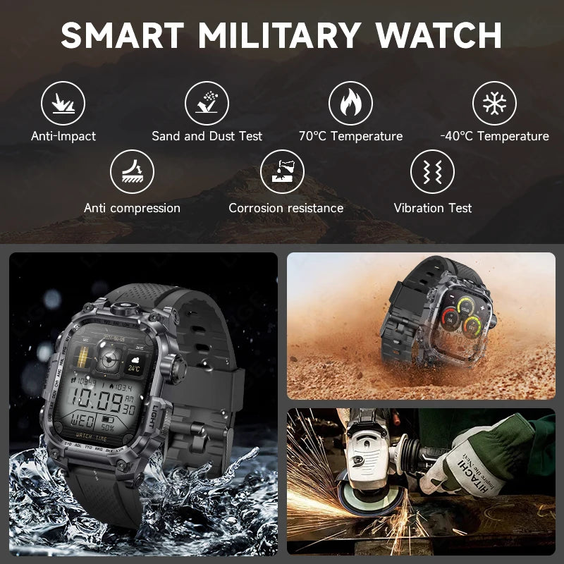 LIGE 2024 Military Smart Watch Men Outdoor Flashlight 650mAh Watches Waterproof 2.01" Wireless Call Smartwatch For Android lOS