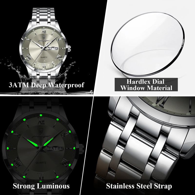 POEDAGAR Luxury Fashion Men Clock Waterproof Luminous Week Date Sports Man Wristwatch Stainless Steel Men's Quartz Watches Reloj