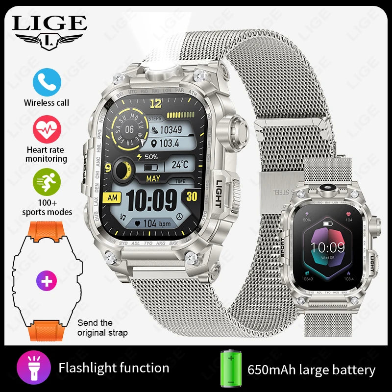 LIGE 2024 Military Smart Watch Men Outdoor Flashlight 650mAh Watches Waterproof 2.01" Wireless Call Smartwatch For Android lOS