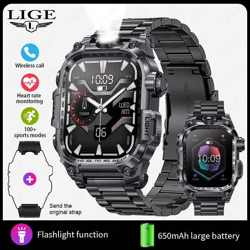 LIGE 2024 Military Smart Watch Men Outdoor Flashlight 650mAh Watches Waterproof 2.01" Wireless Call Smartwatch For Android lOS