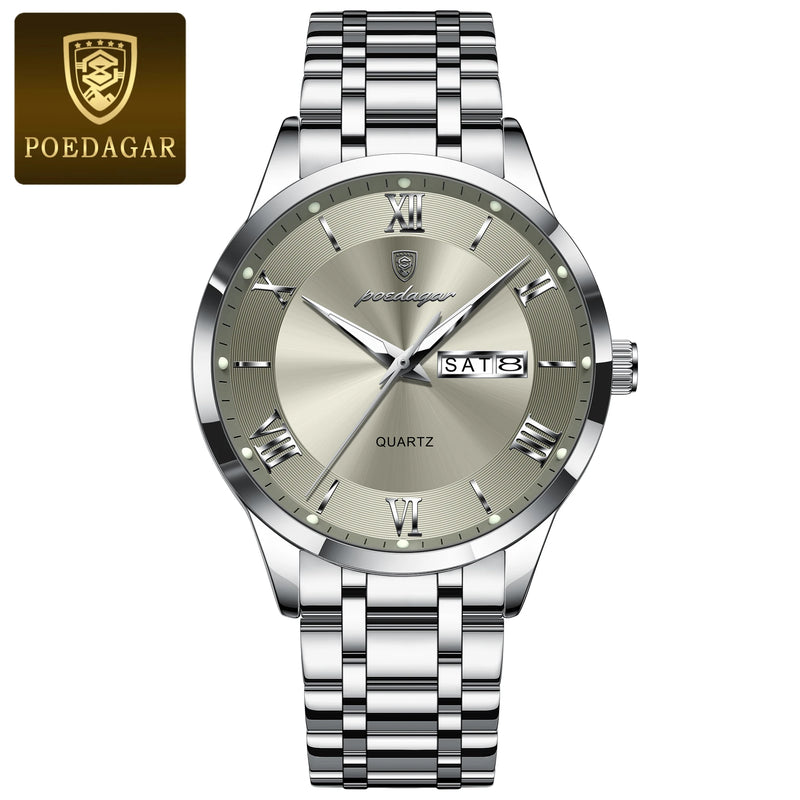 POEDAGAR Luxury Fashion Men Clock Waterproof Luminous Week Date Sports Man Wristwatch Stainless Steel Men's Quartz Watches Reloj