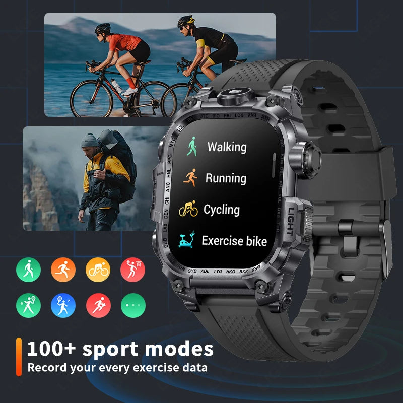 LIGE 2024 Military Smart Watch Men Outdoor Flashlight 650mAh Watches Waterproof 2.01" Wireless Call Smartwatch For Android lOS
