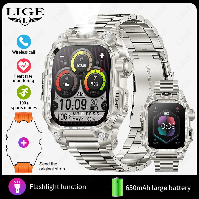 LIGE 2024 Military Smart Watch Men Outdoor Flashlight 650mAh Watches Waterproof 2.01" Wireless Call Smartwatch For Android lOS
