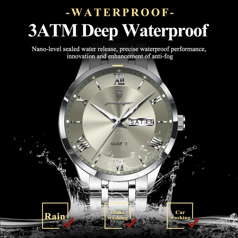 POEDAGAR Luxury Fashion Men Clock Waterproof Luminous Week Date Sports Man Wristwatch Stainless Steel Men's Quartz Watches Reloj