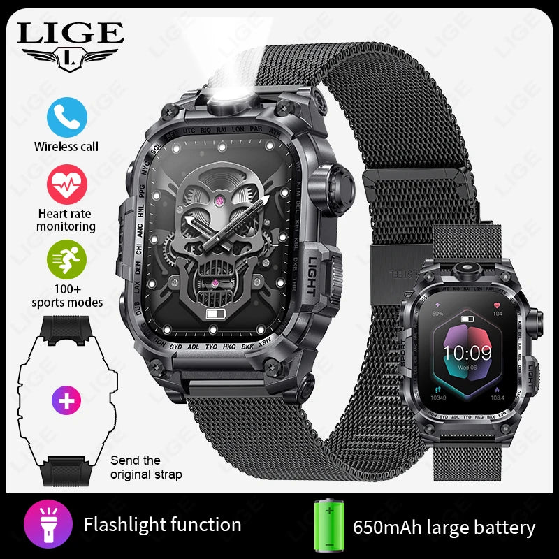 LIGE 2024 Military Smart Watch Men Outdoor Flashlight 650mAh Watches Waterproof 2.01" Wireless Call Smartwatch For Android lOS