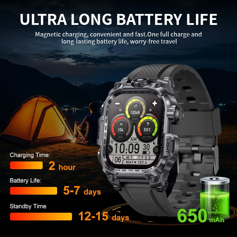 LIGE 2024 Military Smart Watch Men Outdoor Flashlight 650mAh Watches Waterproof 2.01" Wireless Call Smartwatch For Android lOS