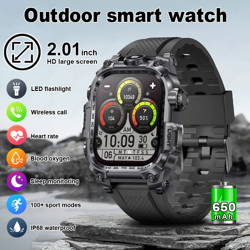 LIGE 2024 Military Smart Watch Men Outdoor Flashlight 650mAh Watches Waterproof 2.01" Wireless Call Smartwatch For Android lOS