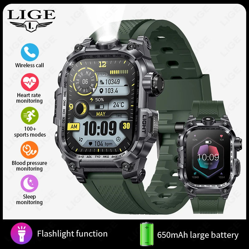 LIGE 2024 Military Smart Watch Men Outdoor Flashlight 650mAh Watches Waterproof 2.01" Wireless Call Smartwatch For Android lOS