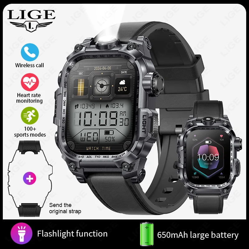 LIGE 2024 Military Smart Watch Men Outdoor Flashlight 650mAh Watches Waterproof 2.01" Wireless Call Smartwatch For Android lOS