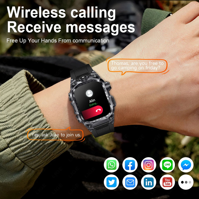 LIGE 2024 Military Smart Watch Men Outdoor Flashlight 650mAh Watches Waterproof 2.01" Wireless Call Smartwatch For Android lOS