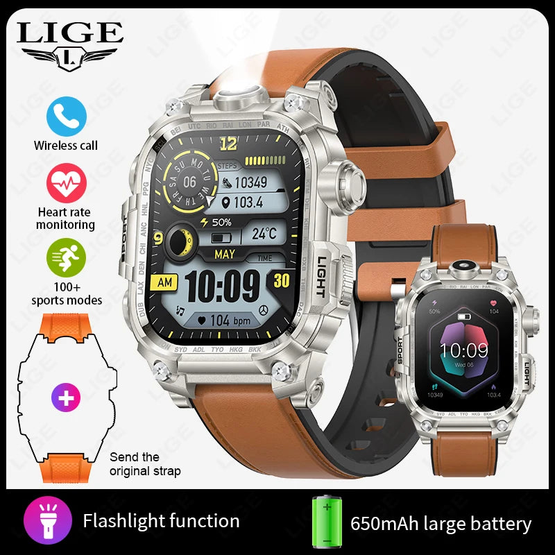LIGE 2024 Military Smart Watch Men Outdoor Flashlight 650mAh Watches Waterproof 2.01" Wireless Call Smartwatch For Android lOS